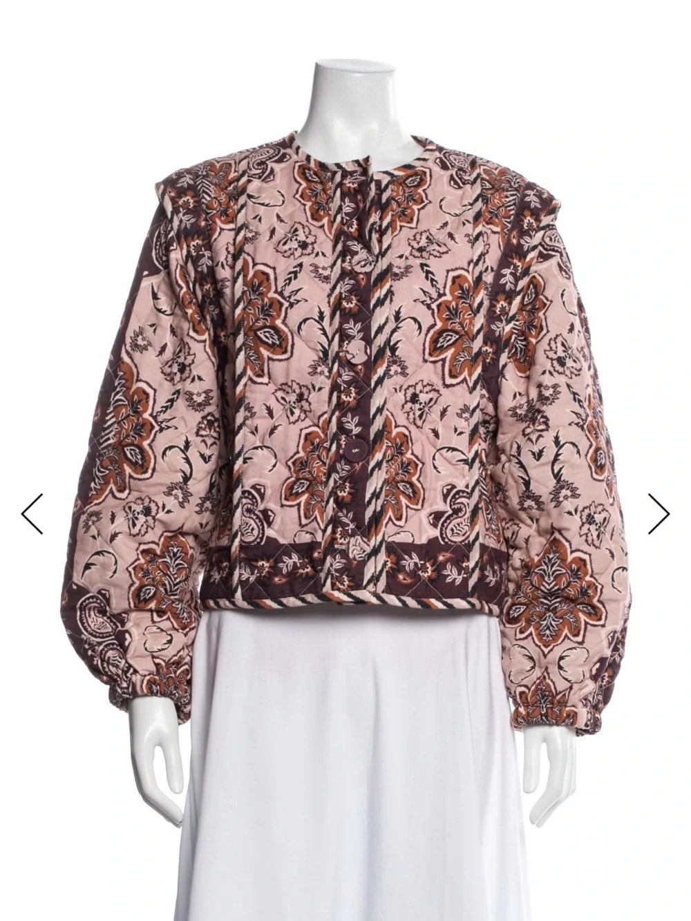 FARM Rio Pink Floral Quilted Bomber Jacket with Brown Accents